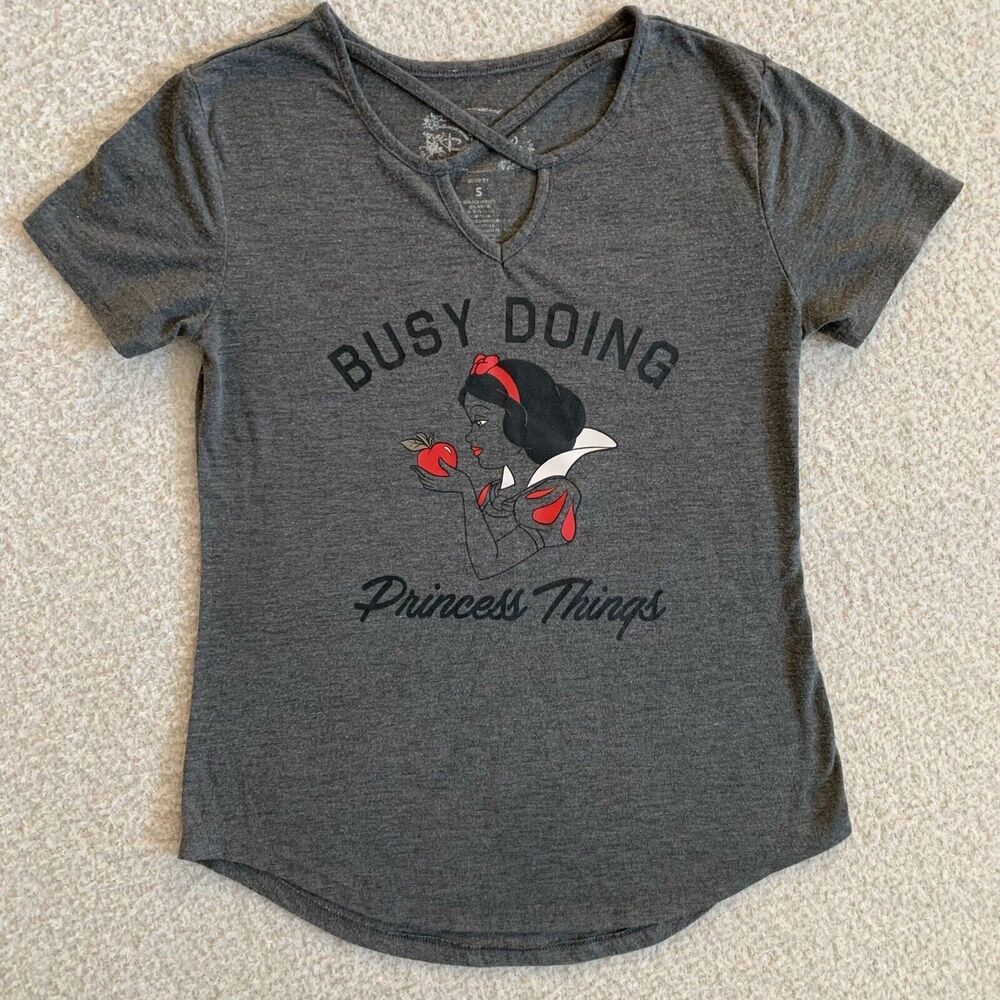 Disney Snow White Gray Short Sleeve Fitted Tee Size Small Criss Cross Neckline